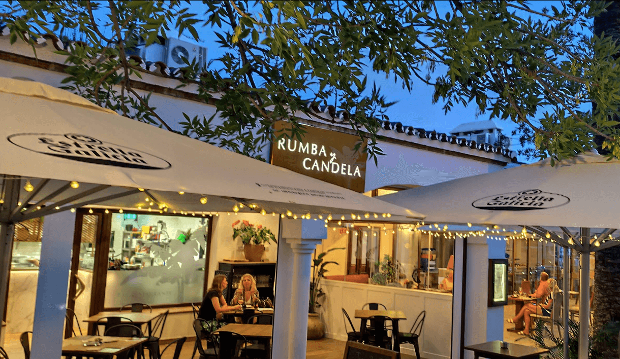 Terrace dining area of Rumba y Candela in Frigiliana at dusk